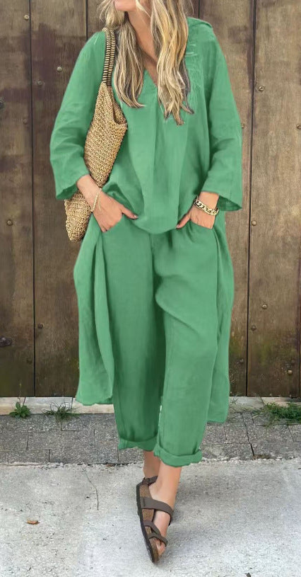 Ensemble deux pièces Fiorena Rosa™ Althea – Haut chic à col en V et pantalon large