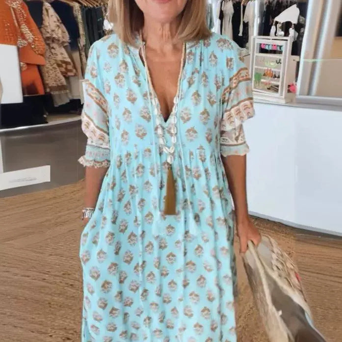 Robe d'été à col en V Fiorena Rosa™ – Élégante tenue de plage ample