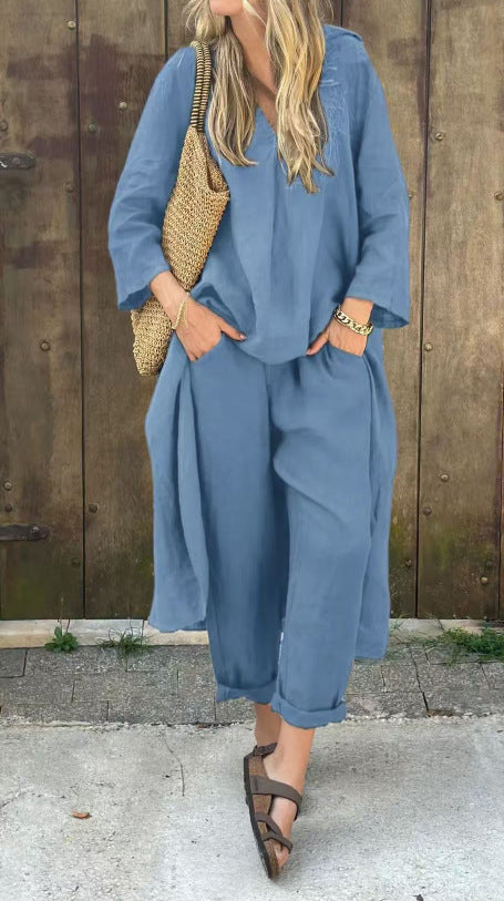 Ensemble deux pièces Fiorena Rosa™ Althea – Haut chic à col en V et pantalon large