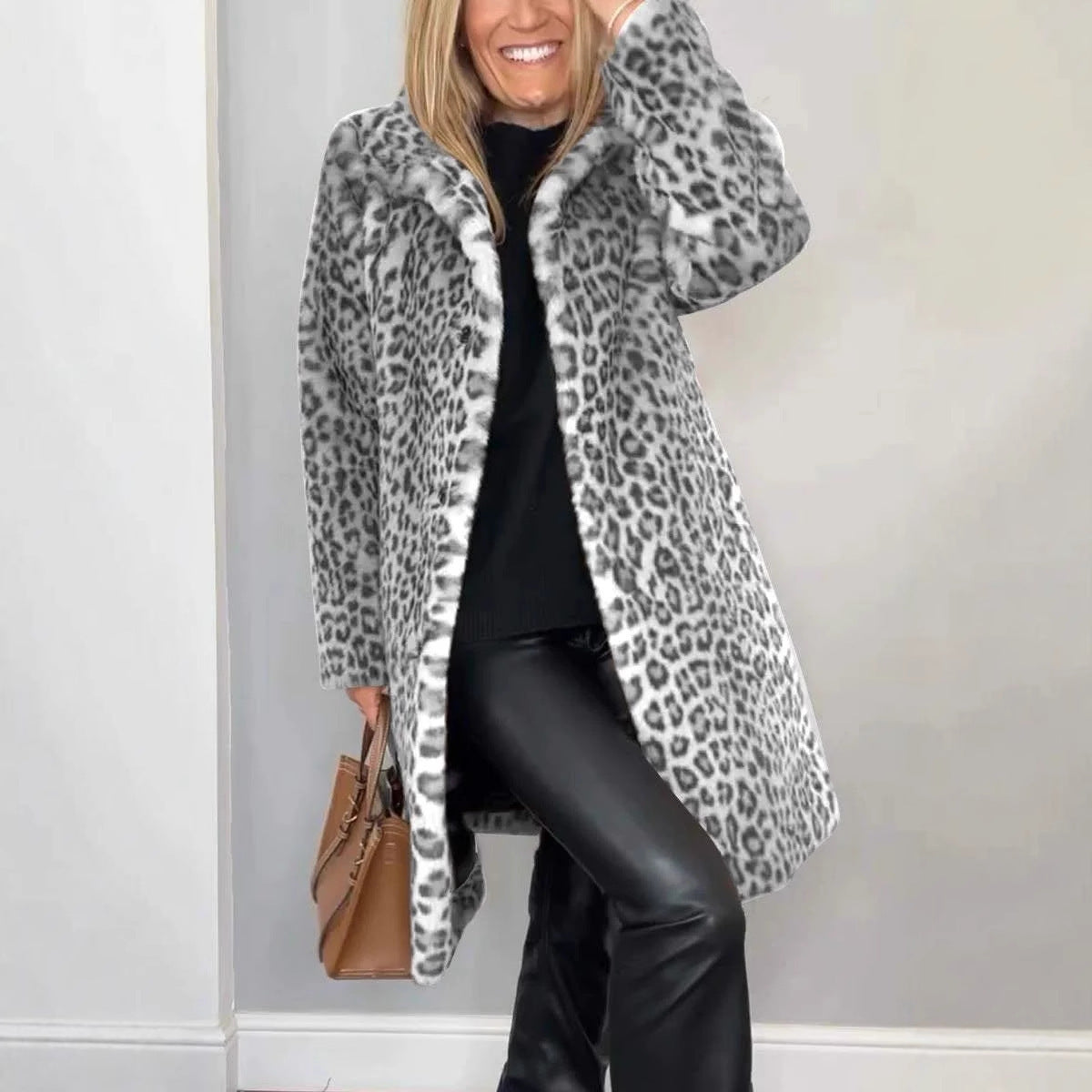 Manteau en peluche léopard Elara de Fiorena Rosa™ – Style mi-long chic pour l'hiver