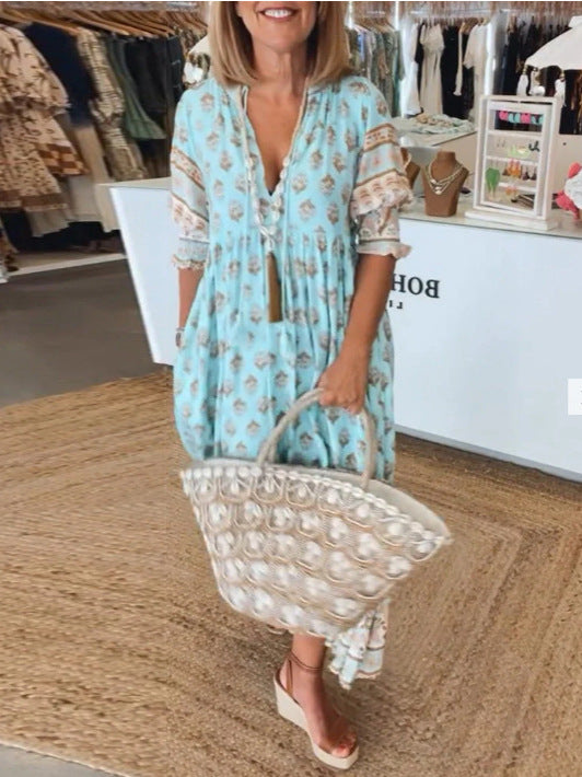 Robe d'été à col en V Fiorena Rosa™ – Élégante tenue de plage ample