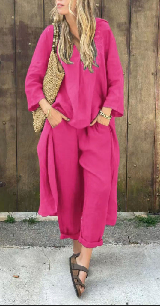Ensemble deux pièces Fiorena Rosa™ Althea – Haut chic à col en V et pantalon large