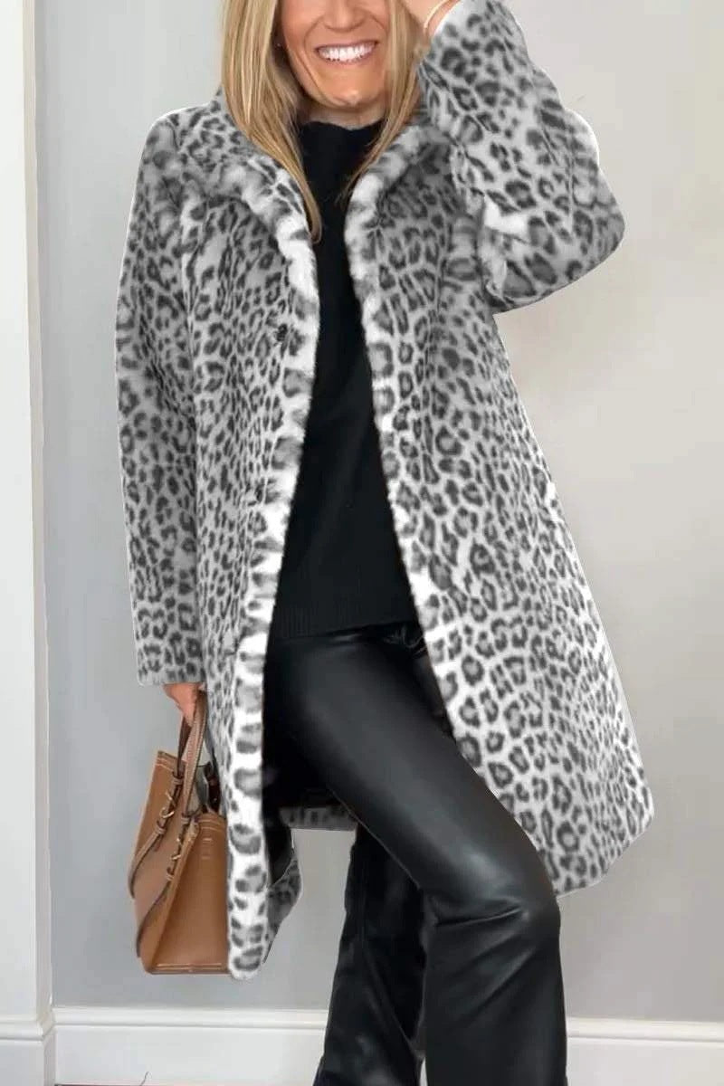Manteau en peluche léopard Elara de Fiorena Rosa™ – Style mi-long chic pour l'hiver
