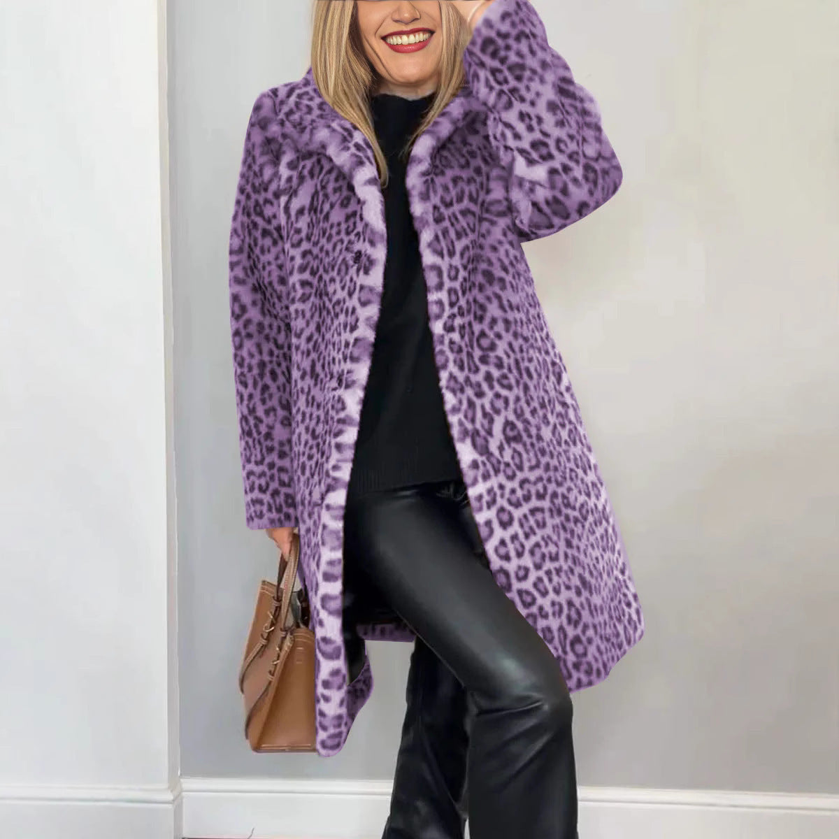 Manteau en peluche léopard Elara de Fiorena Rosa™ – Style mi-long chic pour l'hiver