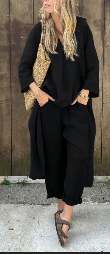 Ensemble deux pièces Fiorena Rosa™ Althea – Haut chic à col en V et pantalon large