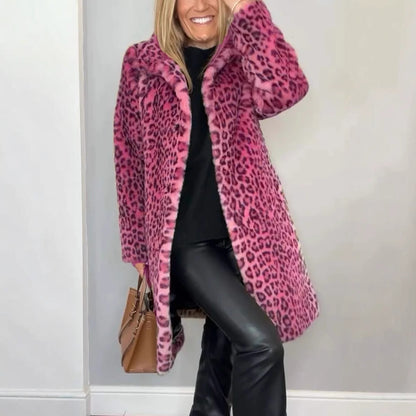 Manteau en peluche léopard Elara de Fiorena Rosa™ – Style mi-long chic pour l'hiver