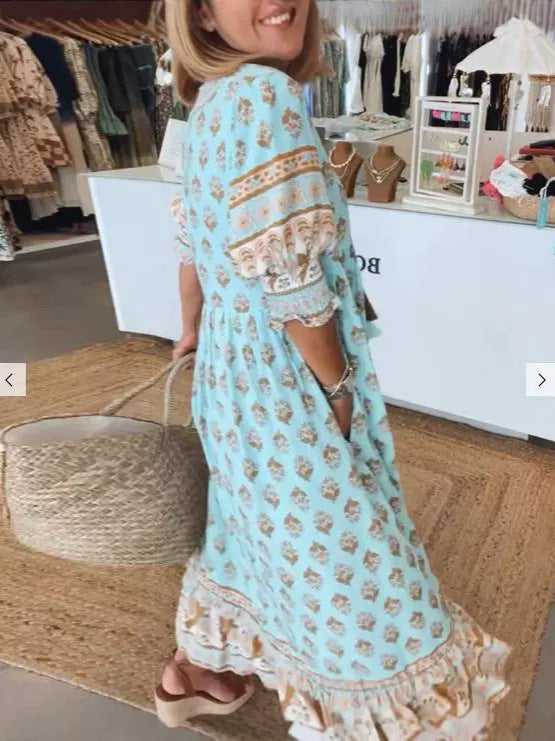 Robe d'été à col en V Fiorena Rosa™ – Élégante tenue de plage ample