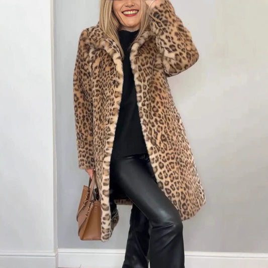 Fiorena Rosa™ Elara Leopard Plush Coat – Chic Mid-Length Winter Style