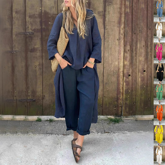 Fiorena Rosa™ Althea Two-Piece Set – Chic V-Neck Top & Wide-Leg Pants