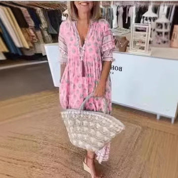 Robe d'été à col en V Fiorena Rosa™ – Élégante tenue de plage ample