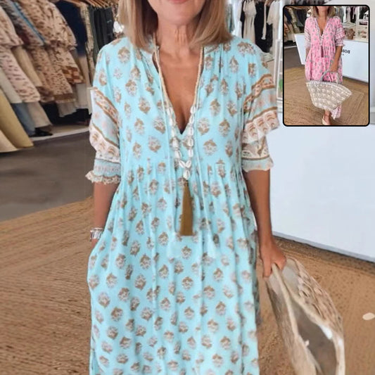 Robe d'été à col en V Fiorena Rosa™ – Élégante tenue de plage ample