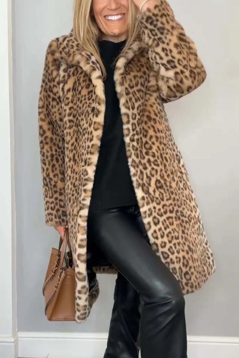 Manteau en peluche léopard Elara de Fiorena Rosa™ – Style mi-long chic pour l'hiver