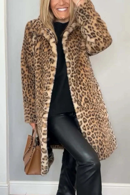 Manteau en peluche léopard Elara de Fiorena Rosa™ – Style mi-long chic pour l'hiver