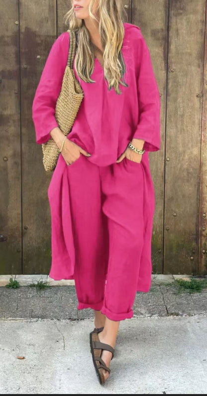 Ensemble deux pièces Fiorena Rosa™ Althea – Haut chic à col en V et pantalon large